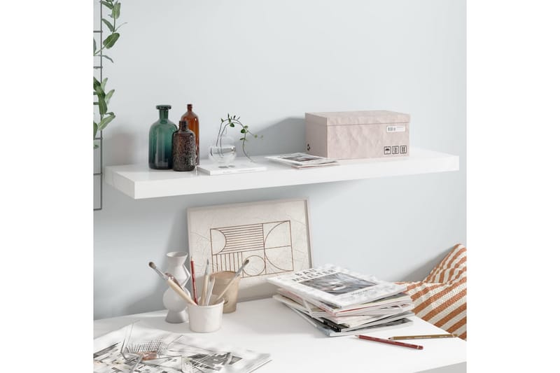 Svävande vägghylla vit högglans 90x23,5x3,8 cm MDF - Vit - Förvaring - Hylla - Vägghylla