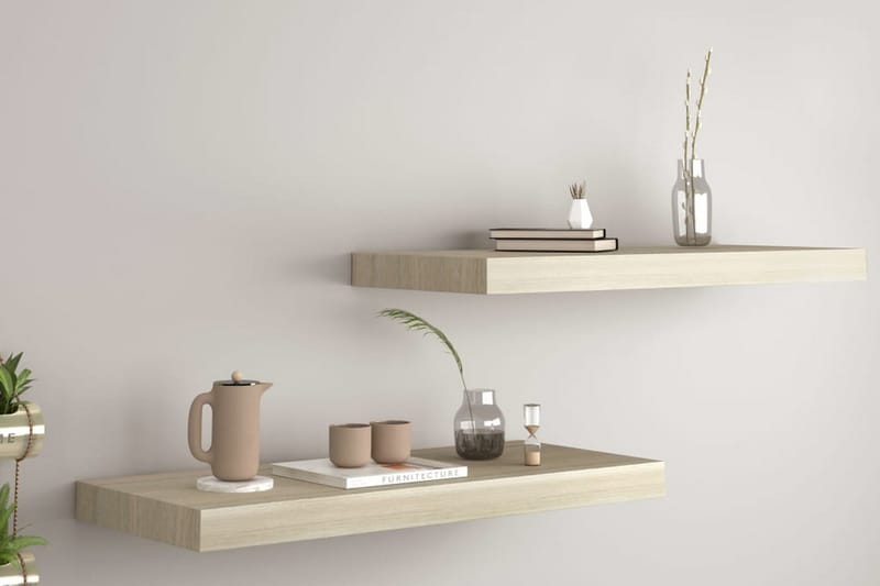 Svävande vägghyllor 2 st ek 60x23,5x3,8 cm MDF - Brun - Förvaring - Hylla - Vägghylla
