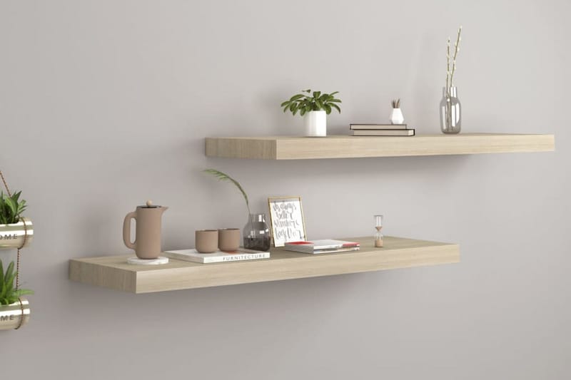 Svävande vägghyllor 2 st ek 80x23,5x3,8 cm MDF - Brun - Förvaring - Hylla - Vägghylla