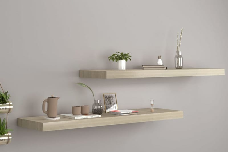 Svävande vägghyllor 2 st ek 90x23,5x3,8 cm MDF - Brun - Förvaring - Hylla - Vägghylla