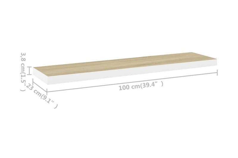 Svävande vägghyllor 2 st ek och vit 100x23,5x3,8 cm MDF - Vit - Förvaring - Hylla - Vägghylla