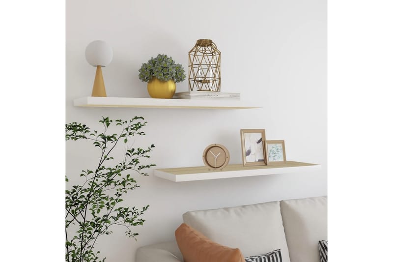 Svävande vägghyllor 2 st ek och vit 100x23,5x3,8 cm MDF - Vit - Förvaring - Hylla - Vägghylla