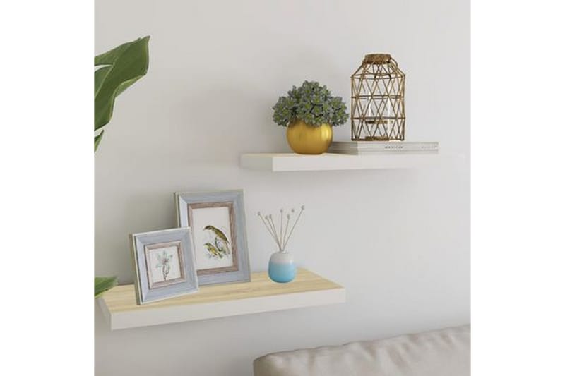 Svävande vägghyllor 2 st ek och vit 60x23,5x3,8 cm MDF - Vit/Trä - Förvaring - Hylla - Vägghylla
