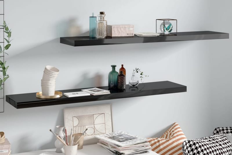 Svävande vägghyllor 2 st svart högglans 120x23,5x3,8 cm MDF - Svart - Förvaring - Hylla - Vägghylla