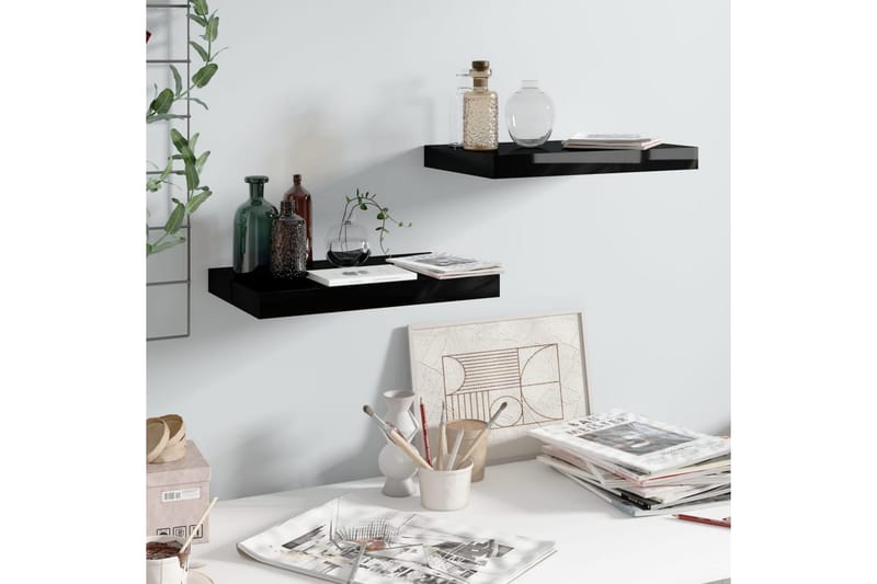 Svävande vägghyllor 2 st svart högglans 40x23x3,8 cm MDF - Svart - Förvaring - Hylla - Vägghylla