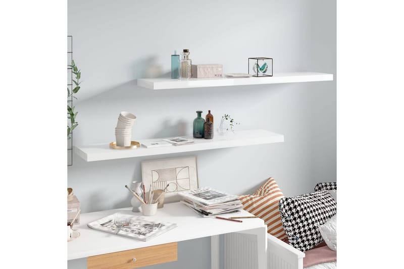 Svävande vägghyllor 2 st vit högglans 120x23,5x3,8 cm MDF - Vit - Förvaring - Hylla - Vägghylla
