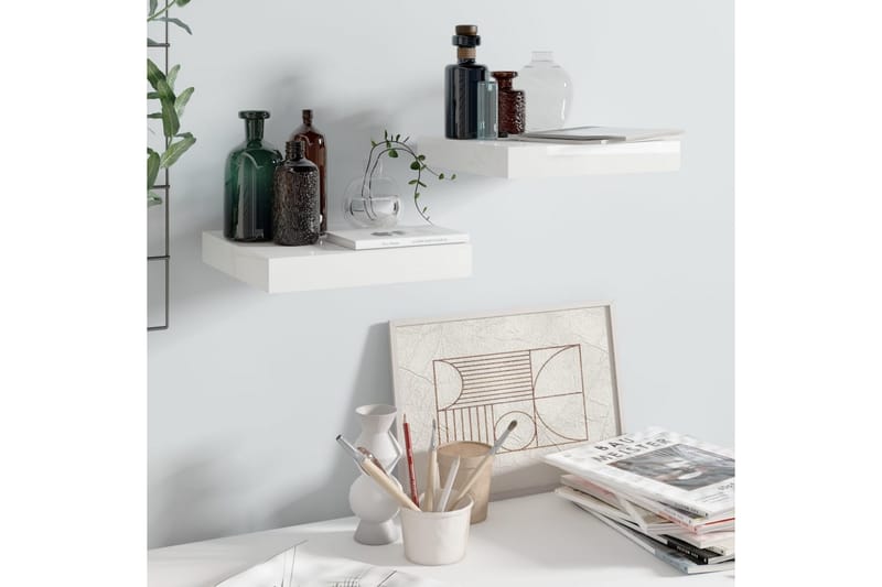 Svävande vägghyllor 2 st vit högglans 23x23,5x3,8 cm MDF - Vit - Förvaring - Hylla - Vägghylla