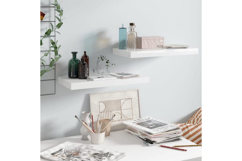 Svävande vägghyllor 2 st vit högglans 50x23x3,8 cm MDF - Vit - Förvaring - Hylla - Vägghylla