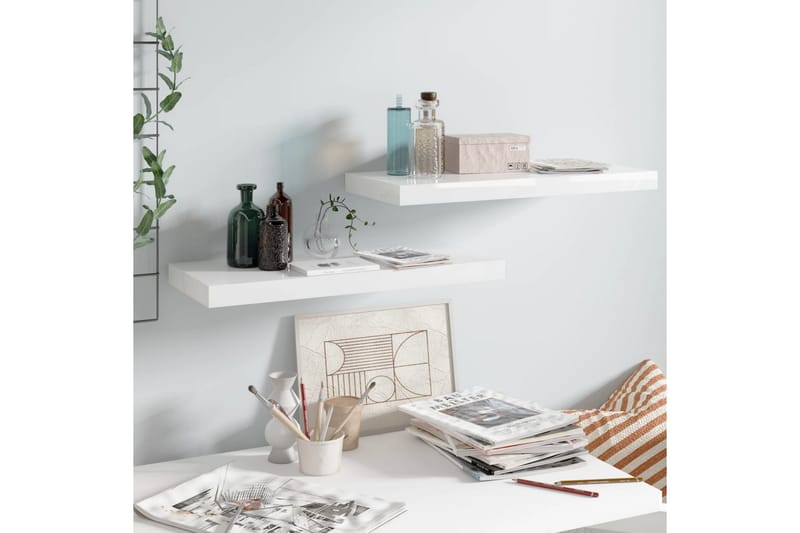 Svävande vägghyllor 2 st vit högglans 60x23,5x3,8 cm MDF - Vit - Förvaring - Hylla - Vägghylla