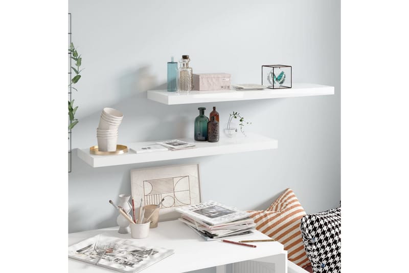Svävande vägghyllor 2 st vit högglans 90x23,5x3,8 cm MDF - Vit - Förvaring - Hylla - Vägghylla