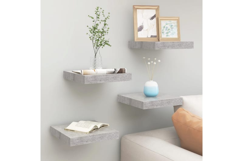 Svävande vägghyllor 4 st betonggrå 23x23,5x3,8 cm MDF - Betonggrå - Förvaring - Hylla - Vägghylla