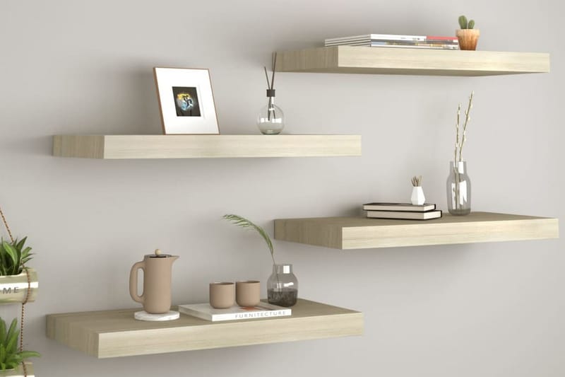 Svävande vägghyllor 4 st ek 60x23,5x3,8 cm MDF - Brun - Förvaring - Hylla - Vägghylla
