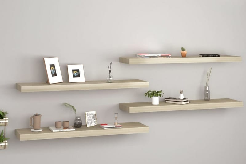 Svävande vägghyllor 4 st ek 90x23,5x3,8 cm MDF - Brun - Förvaring - Hylla - Vägghylla
