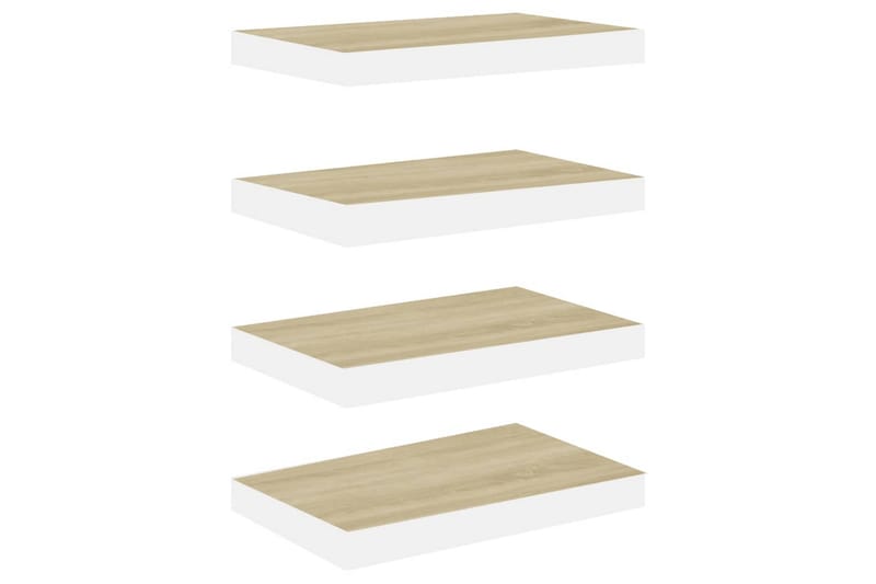 Svävande vägghyllor 4 st ek och vit 50x23x3,8 cm MDF - Vit/Trä - Förvaring - Hylla - Vägghylla