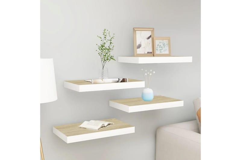 Svävande vägghyllor 4 st ek och vit 50x23x3,8 cm MDF - Vit/Trä - Förvaring - Hylla - Vägghylla