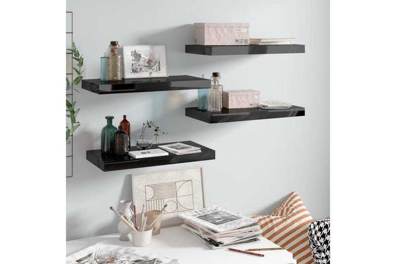 Svävande vägghyllor 4 st svart högglans 50x23x3,8 cm MDF - Svart - Förvaring - Hylla - Vägghylla