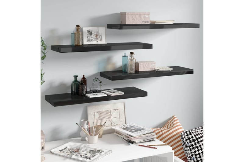 Svävande vägghyllor 4 st svart högglans 80x23,5x3,8 cm MDF - Svart - Förvaring - Hylla - Vägghylla