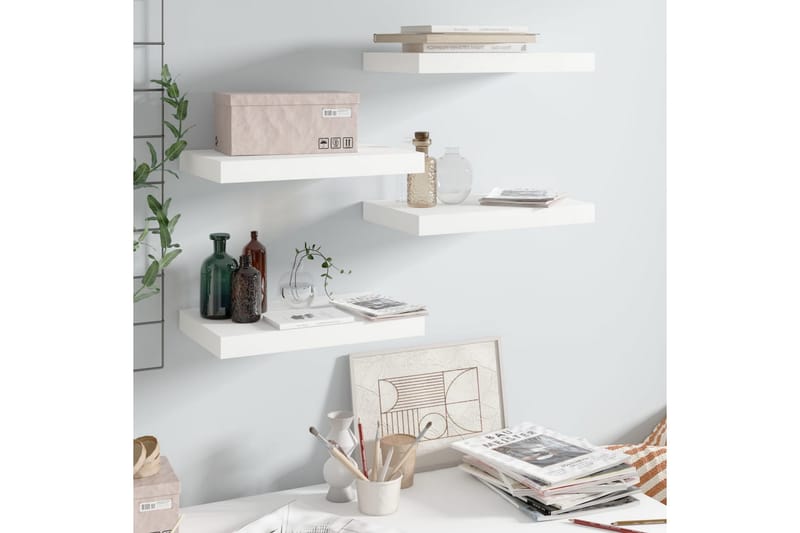 Svävande vägghyllor 4 st vit högglans 40x23x3,8 cm MDF - Vit - Förvaring - Hylla - Vägghylla
