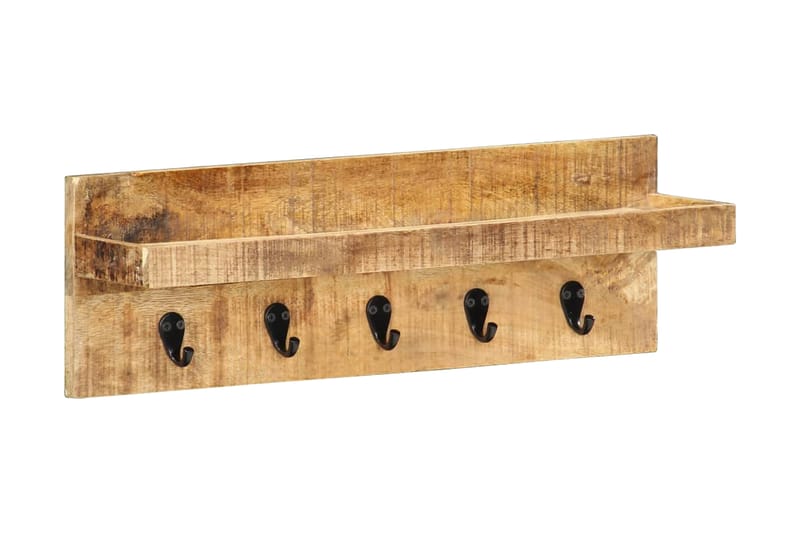 Vägghylla med krokar 60x15x20 cm massivt grovt mangoträ - Brun - Förvaring - Hylla - Vägghylla