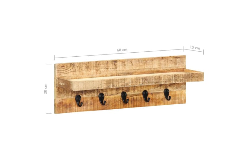 Vägghylla med krokar 60x15x20 cm massivt grovt mangoträ - Brun - Förvaring - Hylla - Vägghylla