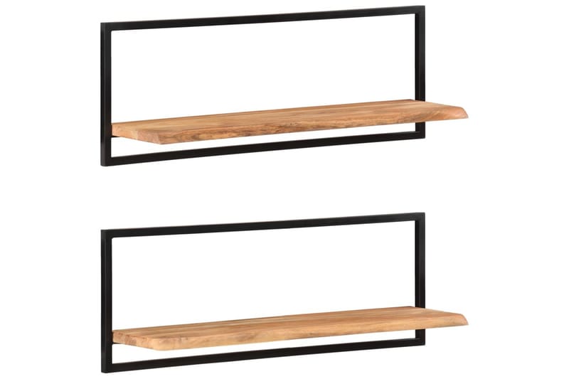Vägghyllor 2 st 100x24x35 cm massivt akaciaträ och stål - Brun - Förvaring - Hylla - Vägghylla