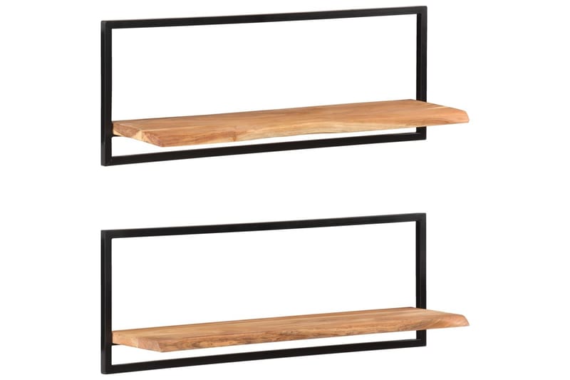 Vägghyllor 2 st 100x24x35 cm massivt akaciaträ och stål - Brun - Förvaring - Hylla - Vägghylla