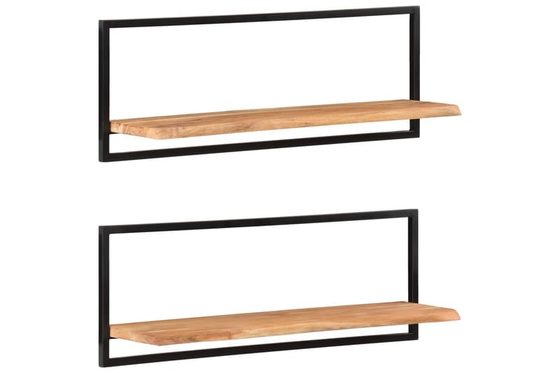 Vägghyllor 2 st 100x24x35 cm massivt akaciaträ och stål - Brun - Förvaring - Hylla - Vägghylla
