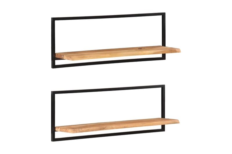 Vägghyllor 2 st 100x24x35 cm massivt akaciaträ och stål - Brun - Förvaring - Hylla - Vägghylla