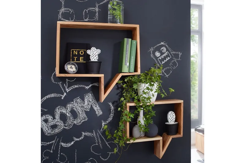 Vägghylla Wohnling Set med 2 solid trähyllor i form av pratbubblor, modern loftstil Akacia - Akacia - Förvaring - Hylla - Vägghylla