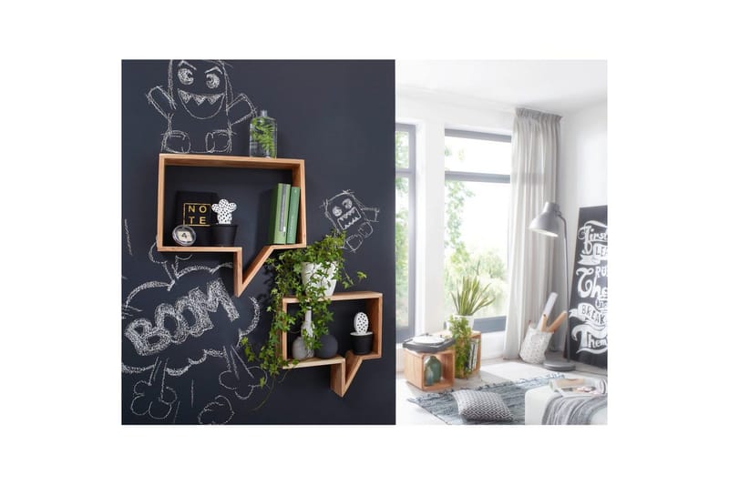 Vägghylla Wohnling Set med 2 solid trähyllor i form av pratbubblor, modern loftstil Akacia - Akacia - Förvaring - Hylla - Vägghylla
