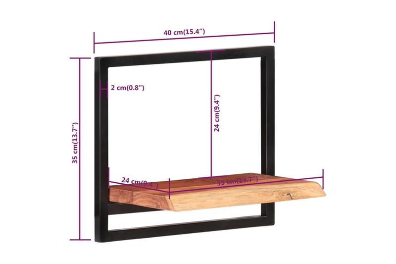 Vägghyllor 2 st 40x24x35 cm massivt akaciaträ och stål - Brun - Vägghylla