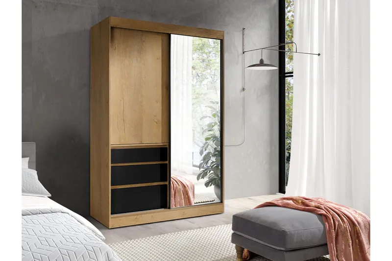 Abricot Garderob med Spegel 140x216x65 cm - Svart - Förvaring - Klädförvaring - Garderob & garderobssystem