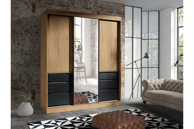 Abricot Garderob med Spegel 180x216x65 cm - Svart - Förvaring - Klädförvaring - Garderob & garderobssystem