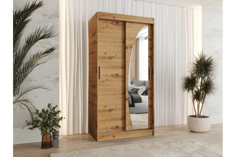 Amira Garderob med Spegel 100x200 cm i Ljust Trä - Brun - Förvaring - Klädförvaring - Garderob & garderobssystem