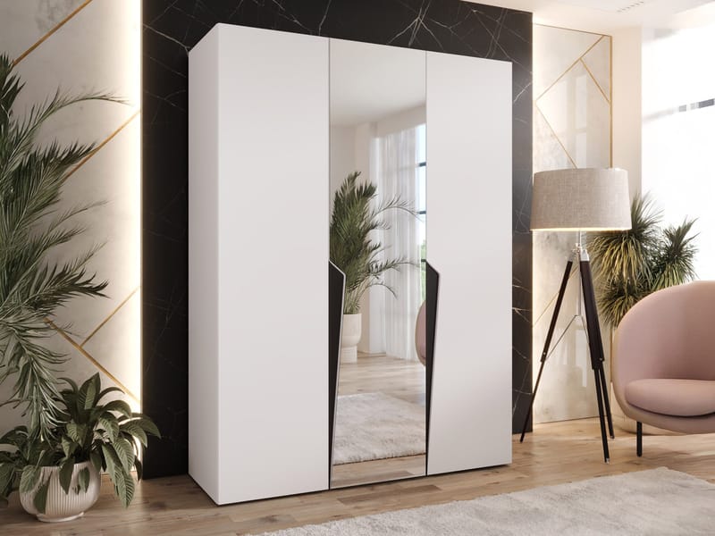 Barile Garderob med spegel 150 cm - Vit med svarta detaljer och speglad/silverfärgad framsida - Förvaring - Klädförvaring - Garderob & garderobssystem