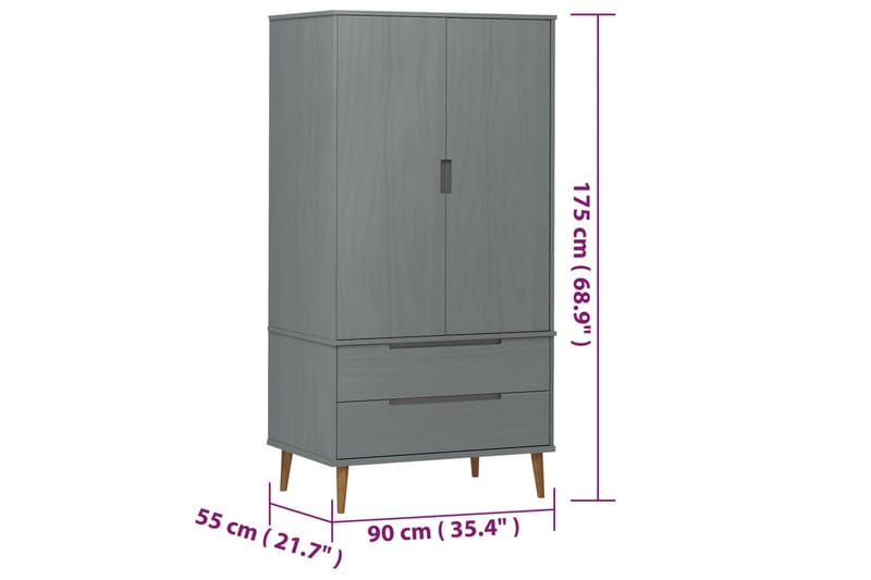 beBasic Garderob grå 90x55x175 cm massiv furu - Grey - Förvaring - Klädförvaring - Garderob & garderobssystem