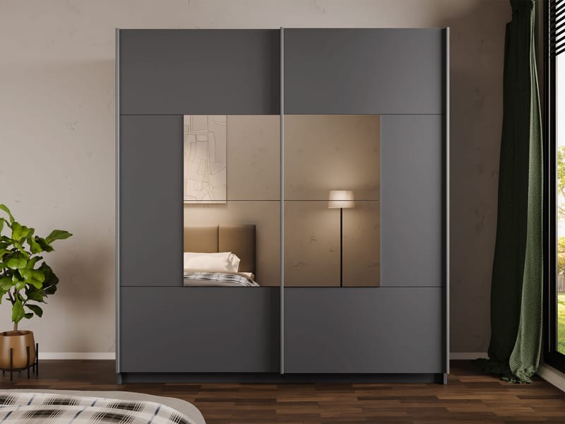 Binche Garderob med Spegel 200x215 cm - Grå - Förvaring - Klädförvaring - Garderob & garderobssystem