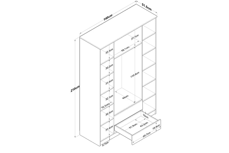 Caturai Garderob med Spegel - Valnöt/Vit - Förvaring - Klädförvaring - Garderob & garderobssystem