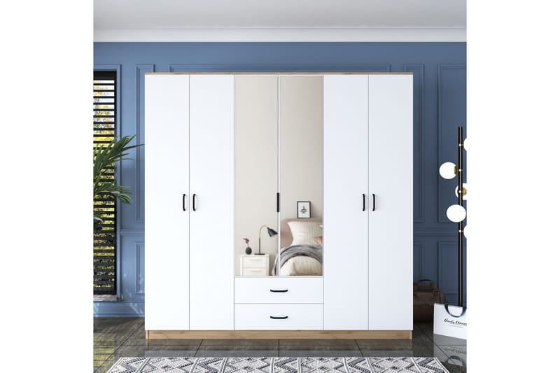 Caturai Garderob med Spegel - Valnöt/Vit - Förvaring - Klädförvaring - Garderob & garderobssystem