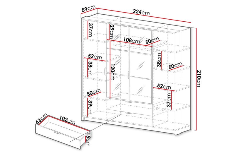 Coralina Garderob m. Spegel 224x210 cm - Brun/Svart - Förvaring - Klädförvaring - Garderob & garderobssystem