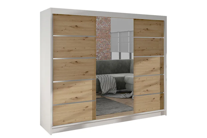 Cyria Garderob med rymlig Förvaring och Skjutdörrar med Spegel 200x215 cm - Brun/Vit - Förvaring - Klädförvaring - Garderob & garderobssystem