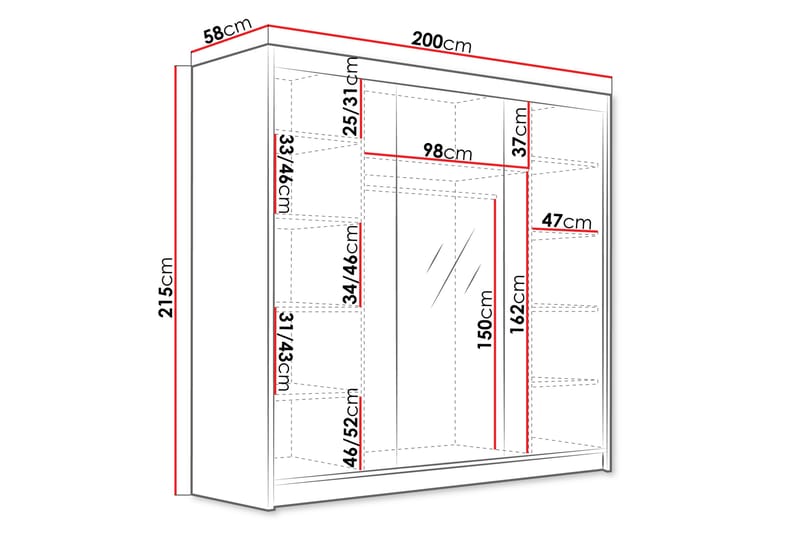 Dianna Garderob med Spegel 200x215 cm - Svart/Vit - Förvaring - Klädförvaring - Garderob & garderobssystem