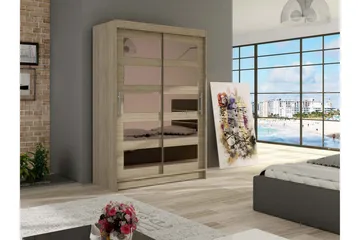 Estella Garderob 120 cm Skjutdörrar Delad Spegel - Ek - Förvaring - Klädförvaring - Garderob & garderobssystem