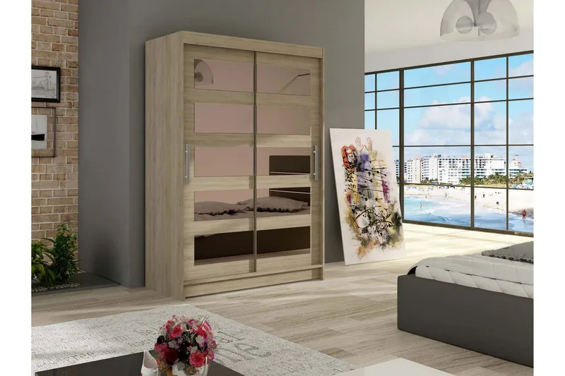 Estella Garderob 120 cm Skjutdörrar Delad Spegel - Ek - Förvaring - Klädförvaring - Garderob & garderobssystem