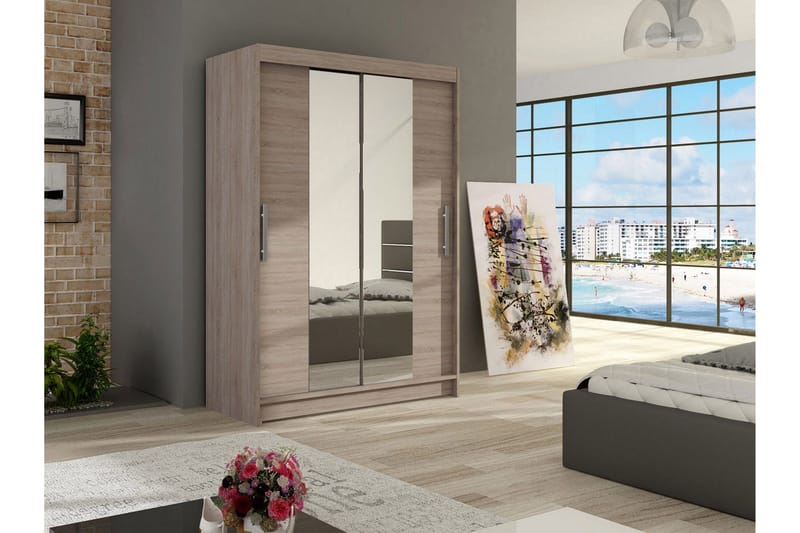 Estella Garderob 120 cm Skjutdörrar Smal Spegel - Ek/Tryffel/Spegel - Förvaring - Klädförvaring - Garderob & garderobssystem