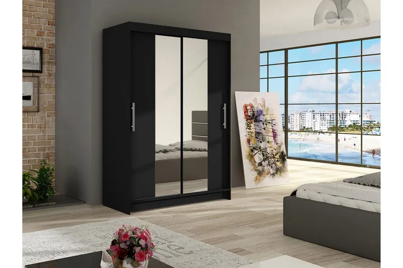 Estella Garderob 120 cm Skjutdörrar Smal Spegel - Svart/Spegel - Förvaring - Klädförvaring - Garderob & garderobssystem