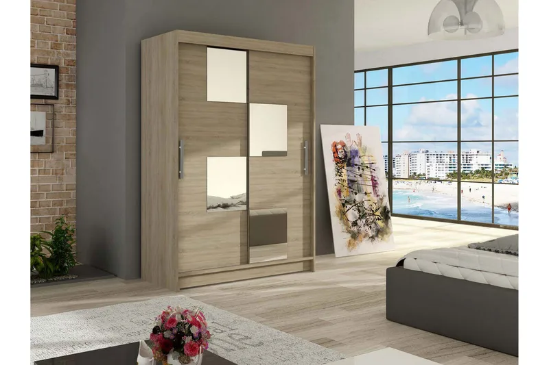 Estella Garderob Skjutdörrar Fyrkantig Spegel - Ek - Förvaring - Klädförvaring - Garderob & garderobssystem