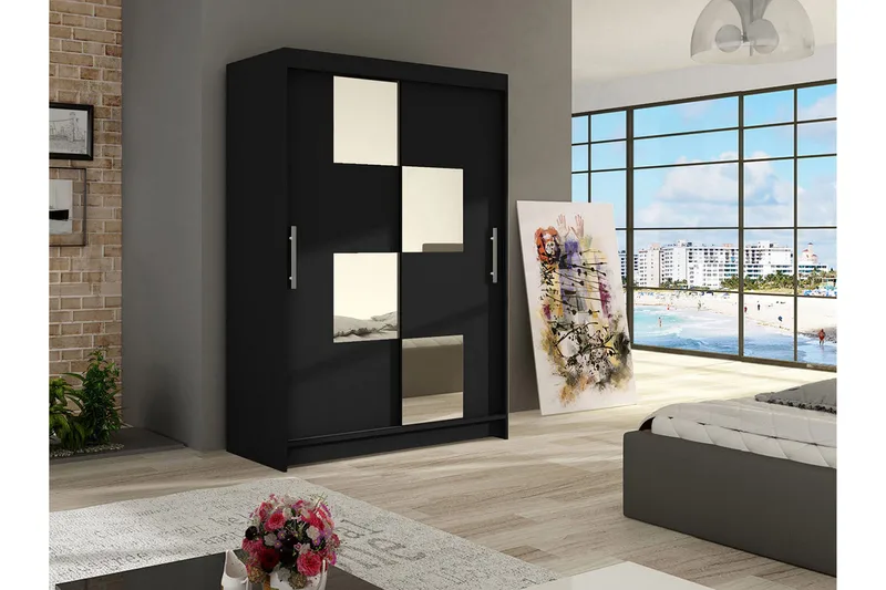 Estella Garderob Skjutdörrar Fyrkantig Spegel - Svart - Förvaring - Klädförvaring - Garderob & garderobssystem