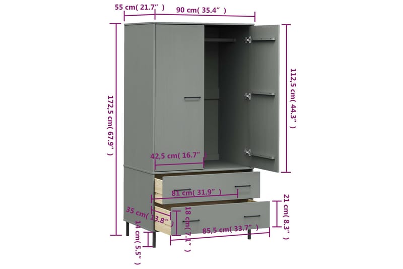 beBasic Klädskåp med metallben OSLO grå 90x55x172,5 cm massivt trä - Grey - Klädskåp & fristående garderob