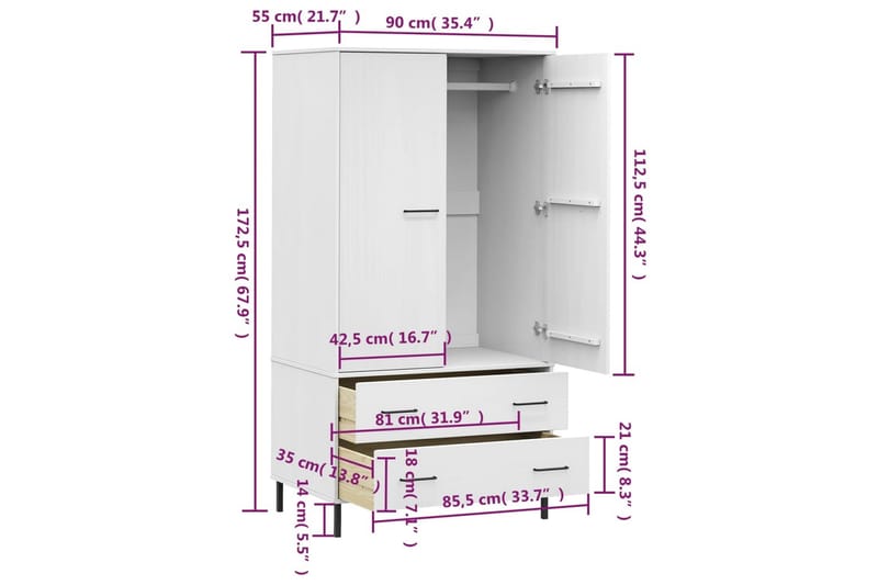 beBasic Klädskåp med metallben OSLO vit 90x55x172,5 cm massivt trä - White - Förvaring - Klädförvaring - Garderob & garderobssystem - Klädskåp & fristående garderob